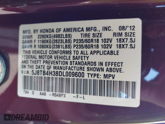 2013 Acura RDX with VIN 5J8TB4H38DL009600, listed as a IAAI auction lot 42536978 with 172,305 mi miles and . Bid and sale history available at DreamBid. Image 9.