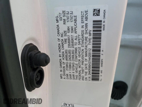 2017 Honda CR-V LX with VIN 2HKRW6H37HH205112, listed as a Copart auction lot 45065765 with 39,927 mi miles and Salvage Title. Bid and sale history available at DreamBid. Image 13.