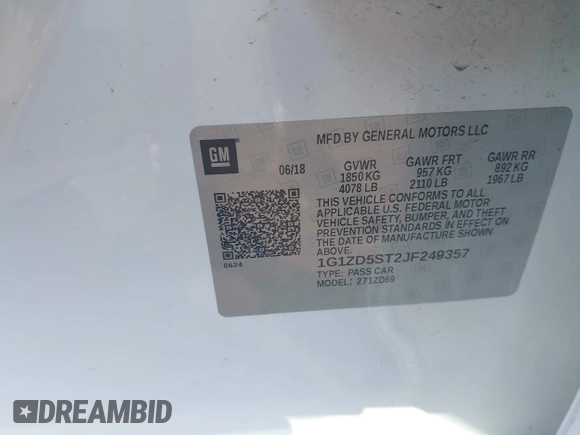 2018 Chevrolet Malibu LT with VIN 1G1ZD5ST2JF249357, listed as a IAAI auction lot 42590310 with 98,503 mi miles and . Bid and sale history available at DreamBid. Image 9.