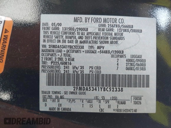 2000 Ford Windstar SEL z VIN 2FMDA5341YBC52338, wystawiony jako IAAI lot #41933377 z przebiegiem 165 988 mil mil oraz . Historia ofert i sprzedaży dostępna na DreamBid. Obrazek 9.