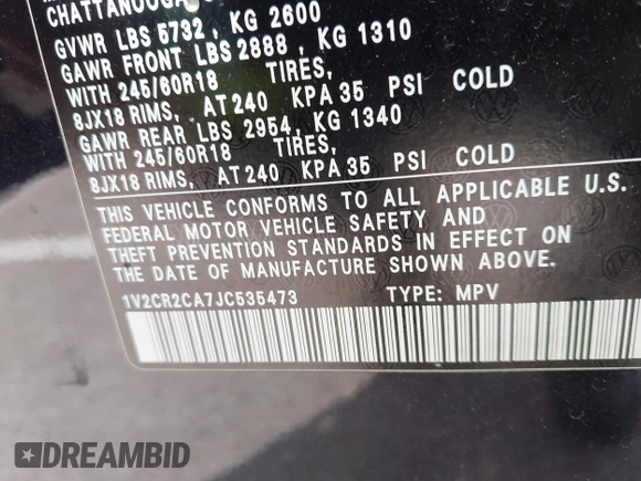 2018 Volkswagen Atlas SE with VIN 1V2CR2CA7JC535473, listed as a IAAI auction lot 42279008 with 88,409 mi miles and . Bid and sale history available at DreamBid. Image 9.