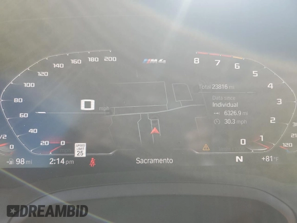 2021 BMW M4 with VIN WBS53AZ00MCH23658, listed as a Copart auction lot 75680694 with 23,816 mi miles and Salvage Title. Bid and sale history available at carsss.com. Image 9.
