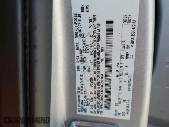 2013 Ford Escape SE with VIN 1FMCU0GX1DUC86164, listed as a Copart auction lot 56565575 with 134,118 mi miles and Clean Title. Bid and sale history available at DreamBid. Image 13.