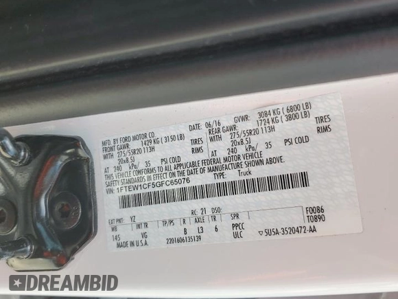 2016 Ford F-150 XL with VIN 1FTEW1CF5GFC65076, listed as a Copart auction lot 56562275 with 26,857 mi miles and Salvage title. Bid and sale history available at DreamBid. Image 12.