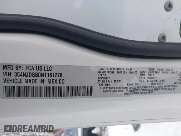 2022 Jeep Compass Latitude with VIN 3C4NJDBB0NT181278, listed as a IAAI auction lot 41502849 with 30,827 mi miles and . Bid and sale history available at DreamBid. Image 9.