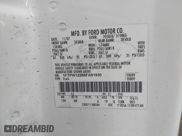 2008 Ford F-150 XLT with VIN 1FTPW12588FA91930, listed as a IAAI auction lot 42148941 with 190,576 mi miles and . Bid and sale history available at DreamBid. Image 9.