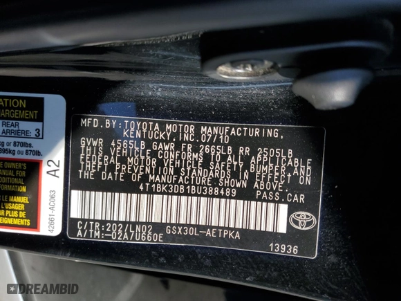 2011 Toyota Avalon with VIN 4T1BK3DB1BU388489, listed as a Copart auction lot 50342535 with 120,410 mi miles and Salvage Title. Bid and sale history available at carsss.com. Image 13.