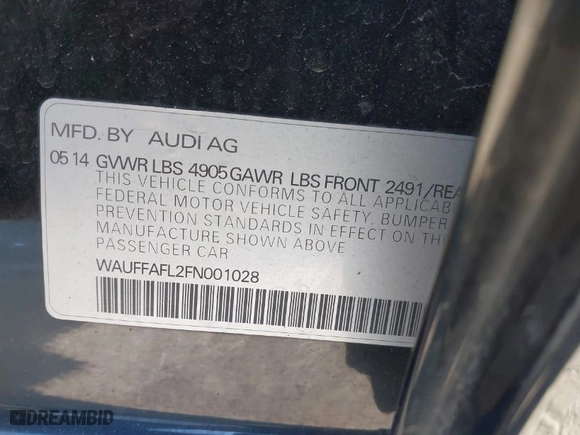 2015 Audi A4 Premium Plus with VIN WAUFFAFL2FN001028, listed as a IAAI auction lot 41266611 with 102,495 mi miles. Bid and sale history available at carsss.com. Image 9.