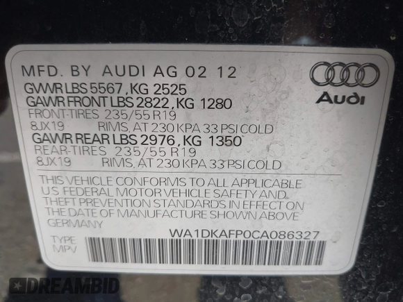 2012 Audi Q5 Premium Plus z VIN WA1DKAFP0CA086327, wystawiony jako IAAI lot #42417892 z przebiegiem 81 073 mil mil oraz . Historia ofert i sprzedaży dostępna na DreamBid. Obrazek 9.