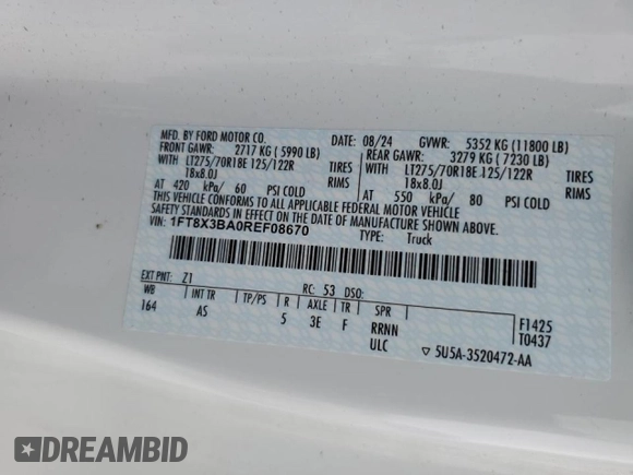 2024 Ford F-350 with VIN 1FT8X3BA0REF08670, listed as a Copart auction lot 52581825 with 12,776 mi miles and Salvage title. Bid and sale history available at DreamBid. Image 12.
