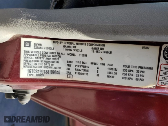 2008 GMC Canyon SLE1 with VIN 1GTCS199188109840, listed as a Copart auction lot 72822624 with 312,683 mi miles and Salvage Title. Bid and sale history available at carsss.com. Image 13.