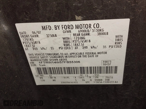 2007 Ford F-150 XLT with VIN 1FTRW14W57FB55306, listed as a IAAI auction lot 42588224 with 161,026 mi miles and . Bid and sale history available at DreamBid. Image 9.
