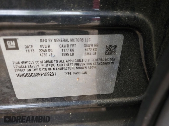 2014 Buick LaCrosse Leather with VIN 1G4GB5G33EF159231, listed as a Copart auction lot 51635405 with 181,379 mi miles and Salvage title. Bid and sale history available at DreamBid. Image 14.
