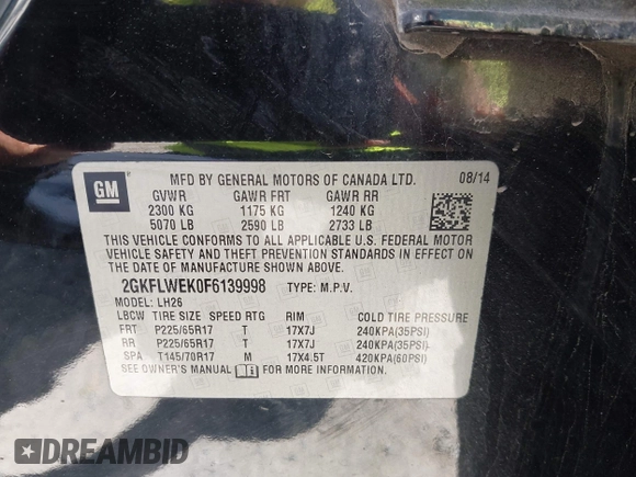 2015 GMC Terrain SLE with VIN 2GKFLWEK0F6139998, listed as a IAAI auction lot 42054579 with 138,033 mi miles and . Bid and sale history available at carsss.com. Image 9.