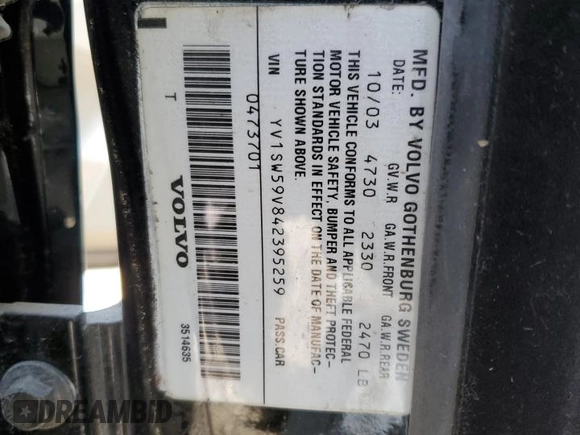 2004 Volvo V70 with VIN YV1SW59V842395259, listed as a Copart auction lot 52301795 with 213,776 mi miles and Salvage Title. Bid and sale history available at carsss.com. Image 13.