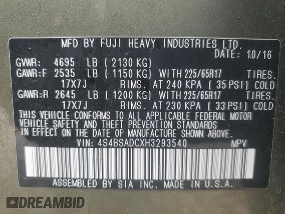 2017 Subaru Outback Premium with VIN 4S4BSADCXH3293540, listed as a Copart auction lot 53647515 with 161,988 mi miles and Clean Title. Bid and sale history available at DreamBid. Image 13.