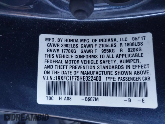 2017 Honda Civic Sedan EX-L with VIN 19XFC1F75HE022400, listed as a IAAI auction lot 41677489 with 157,237 mi miles. Bid and sale history available at carsss.com. Image 9.