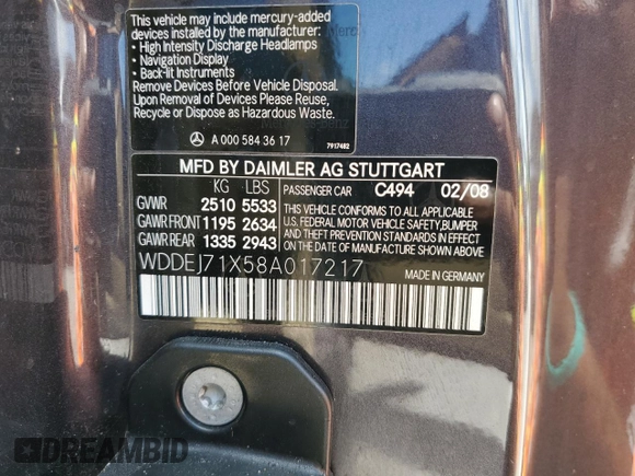 2008 Mercedes-Benz CL-Class V8 with VIN WDDEJ71X58A017217, listed as a Copart auction lot 45964945 with 229,474 mi miles and Salvage Title. Bid and sale history available at carsss.com. Image 12.