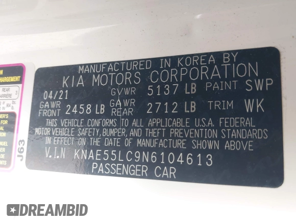2022 Kia Stinger GT2 with VIN KNAE55LC9N6104613, listed as a IAAI auction lot 41707620 with 31,589 mi miles and . Bid and sale history available at DreamBid. Image 9.