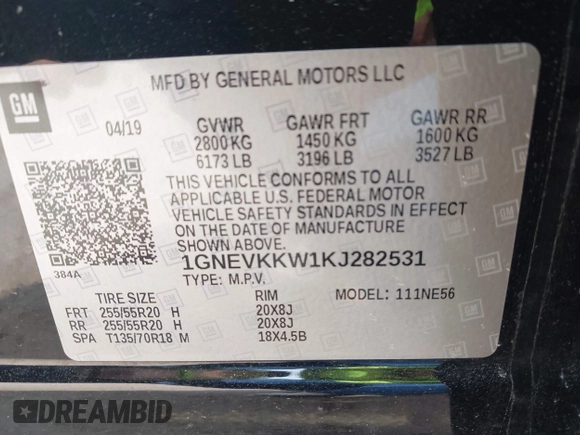 2019 Chevrolet Traverse Premier with VIN 1GNEVKKW1KJ282531, listed as a IAAI auction lot 42408361 with 95,464 mi miles and . Bid and sale history available at DreamBid. Image 9.