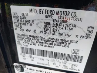 2011 Ford F-150 XLT with VIN 1FTFW1ETXBFB94649, listed as a IAAI auction lot 42509507 with 185,997 mi miles and . Bid and sale history available at DreamBid. Image 9.