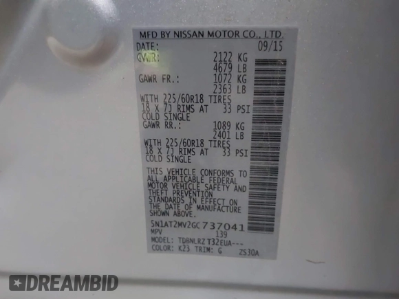 2016 Nissan Rogue SL with VIN 5N1AT2MV2GC737041, listed as a IAAI auction lot 42118333 with 46,213 mi miles and . Bid and sale history available at DreamBid. Image 9.