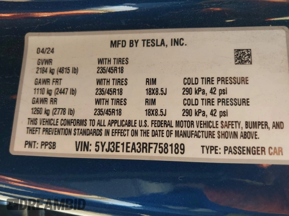 2024 Tesla Model 3 with VIN 5YJ3E1EA3RF758189, listed as a IAAI auction lot 41987653 with 9,423 mi miles. Bid and sale history available at carsss.com. Image 9.