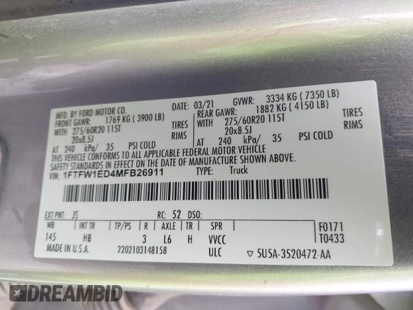 2021 Ford F-150 XL с VIN 1FTFW1ED4MFB26911, выставлен на аукционе IAAI как лот 42458513 с пробегом 67 259 миль миль и . История ставок и продаж доступна на DreamBid. Изображение 9.