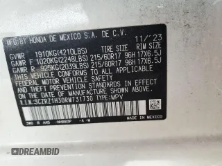 2024 Honda HR-V LX with VIN 3CZRZ1H30RM731730, listed as a Copart auction lot 48084425 with 10,657 mi miles and Salvage Title. Bid and sale history available at carsss.com. Image 14.