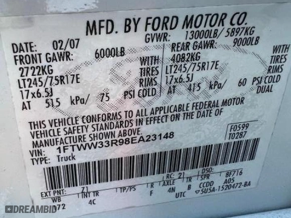 2008 Ford Super Duty F-350 DRW XL with VIN 1FTWW33R98EA23148, listed as a Copart auction lot 45011285 with 252,851 mi miles and Clean Title. Bid and sale history available at carsss.com. Image 10.