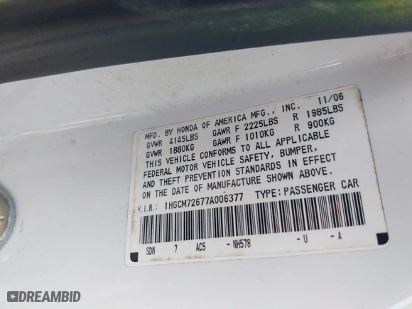 2007 Honda Accord Cpe EX-L with VIN 1HGCM72677A006377, listed as a IAAI auction lot 41750701 with 185,131 mi miles. Bid and sale history available at carsss.com. Image 6.