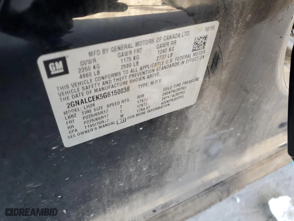 2016 Chevrolet Equinox LT with VIN 2GNALCEK5G6150038, listed as a Copart auction lot 88766215 with 146,570 mi miles and Salvage Title. Bid and sale history available at carsss.com. Image 15.