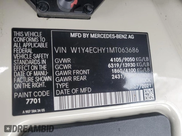 2021 Mercedes-Benz Sprinter Cargo with VIN W1Y4ECHY1MT063686, listed as a Copart auction lot 85093344 with 387,977 mi miles and Salvage Title. Bid and sale history available at carsss.com. Image 10.