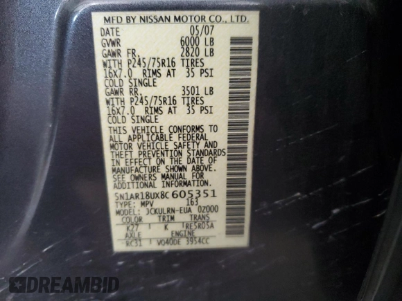2008 Nissan Pathfinder LE с VIN 5N1AR18UX8C605351, выставлен на аукционе Copart как лот 63629345 с пробегом 125 855 миль миль и Списание • Salvage title. История ставок и продаж доступна на DreamBid. Изображение 13.