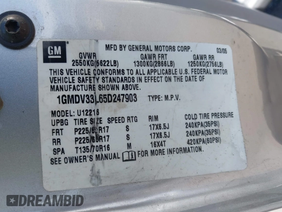 2005 Pontiac Montana 1SB with VIN 1GMDV33L65D247903, listed as a IAAI auction lot 42179568 with 67,868 mi miles and . Bid and sale history available at DreamBid. Image 9.