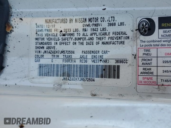 2018 Nissan 370Z Sport with VIN JN1AZ4EH7JM572504, listed as a Copart auction lot 79664944 with Not Provided miles and Salvage Title. Bid and sale history available at DreamBid. Image 13.
