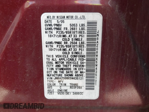 2005 Nissan Murano SL z VIN JN8AZ08WX5W435121, wystawiony jako IAAI lot #42115918 z przebiegiem 265 585 mil mil oraz . Historia ofert i sprzedaży dostępna na DreamBid. Obrazek 9.