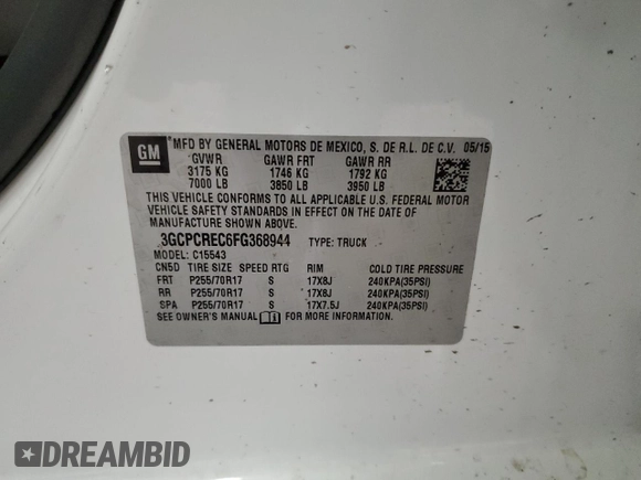 2015 Chevrolet Silverado 1500 LT with VIN 3GCPCREC6FG368944, listed as a Copart auction lot 52235885 with 254,616 mi miles and Salvage Title. Bid and sale history available at DreamBid. Image 12.