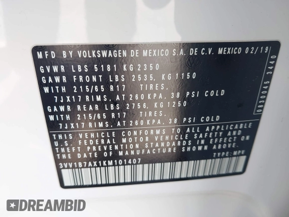 2019 Volkswagen Tiguan S with VIN 3VV1B7AX1KM101407, listed as a IAAI auction lot 42032761 with 51,868 mi miles and . Bid and sale history available at DreamBid. Image 9.