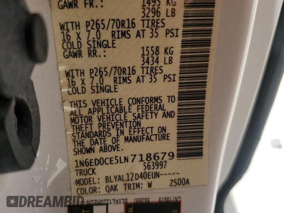 2020 Nissan Frontier S with VIN 1N6ED0CE5LN718679, listed as a Copart auction lot 54786895 with 48,329 mi miles and Clean title. Bid and sale history available at DreamBid. Image 12.