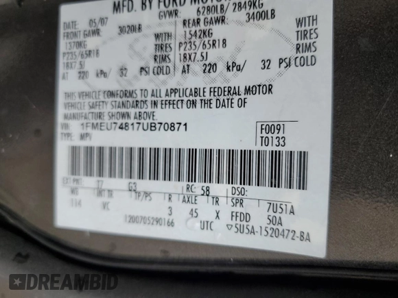 2007 Ford Explorer Eddie Bauer with VIN 1FMEU74817UB70871, listed as a Copart auction lot 60898745 with 185,620 mi miles and Salvage title. Bid and sale history available at DreamBid. Image 12.