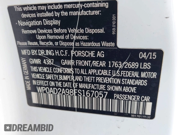 2015 Porsche 911 Turbo S with VIN WP0AD2A98FS167057, listed as a IAAI auction lot 41296392 with 1 mi miles. Bid and sale history available at carsss.com. Image 9.