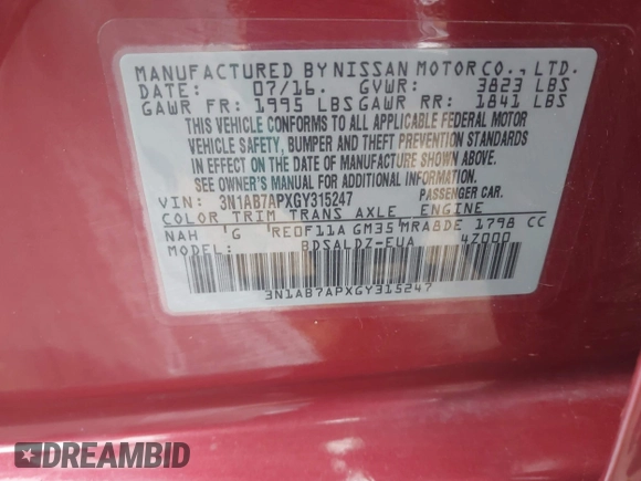 2016 Nissan Sentra S with VIN 3N1AB7APXGY315247, listed as a IAAI auction lot 41908966 with 141,268 mi miles and . Bid and sale history available at DreamBid. Image 9.