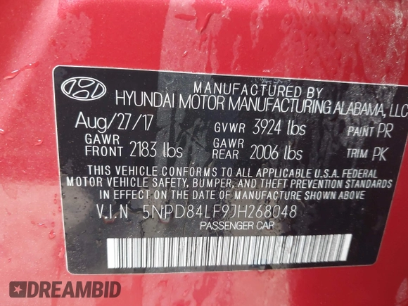 2018 Hyundai Elantra SEL with VIN 5NPD84LF9JH268048, listed as a IAAI auction lot 42024192 with Not Provided miles and . Bid and sale history available at DreamBid. Image 9.