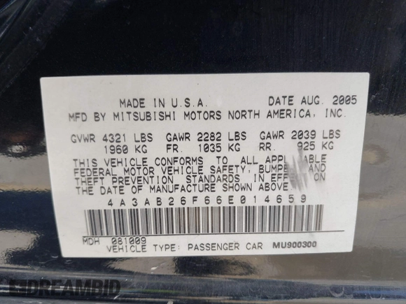 2006 Mitsubishi Galant DE with VIN 4A3AB26F66E014659, listed as a IAAI auction lot 41829572 with 176,694 mi miles. Bid and sale history available at carsss.com. Image 9.