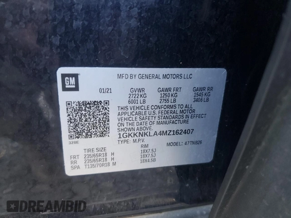 2021 GMC Acadia SLE with VIN 1GKKNKLA4MZ162407, listed as a Copart auction lot 49963725 with 141,122 mi miles and Salvage Title. Bid and sale history available at DreamBid. Image 16.