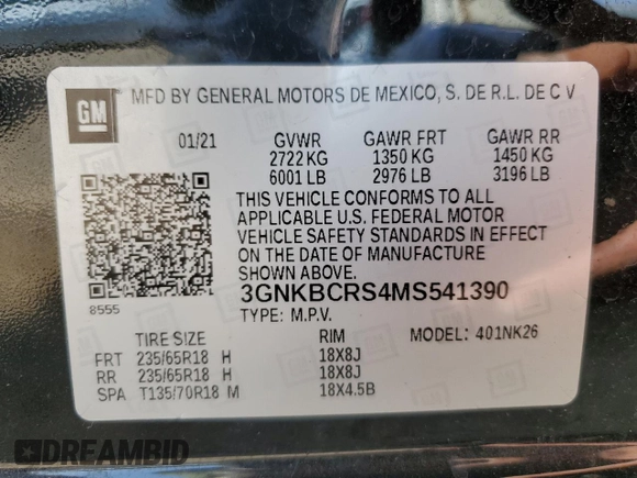 2021 Chevrolet Blazer LT with VIN 3GNKBCRS4MS541390, listed as a Copart auction lot 56626615 with 59,235 mi miles and Non repairable. Bid and sale history available at DreamBid. Image 13.