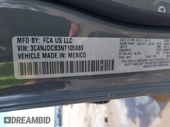 2022 Jeep Compass High Altitude with VIN 3C4NJDCB3NT105889, listed as a IAAI auction lot 41177629 with Not Provided miles and . Bid and sale history available at DreamBid. Image 9.
