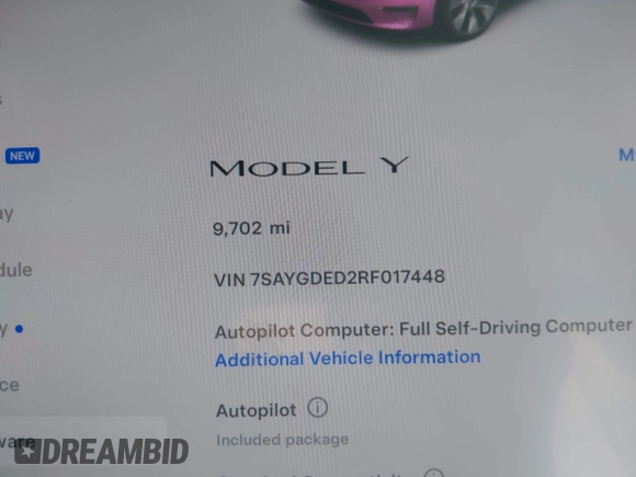 2024 Tesla Model Y with VIN 7SAYGDED2RF017448, listed as a IAAI auction lot 41597056 with 9,702 mi miles and . Bid and sale history available at DreamBid. Image 15.