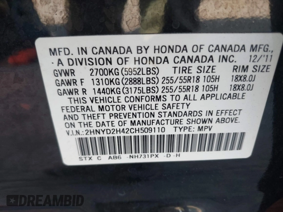 2012 Acura MDX Tech/Entertainment Pkg with VIN 2HNYD2H42CH509110, listed as a IAAI auction lot 41908447 with 183,204 mi miles. Bid and sale history available at carsss.com. Image 9.